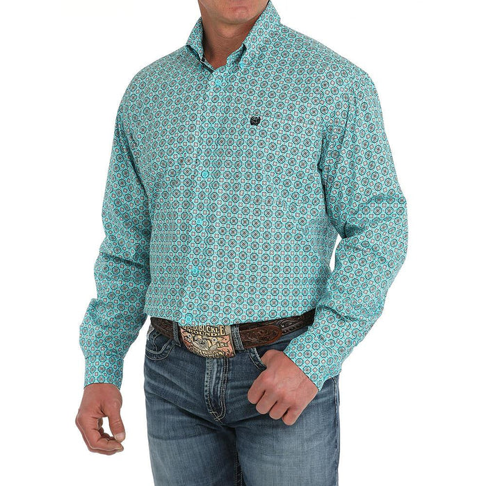 Mens Turquoise Print Long Sleeve Button Down Shirt
