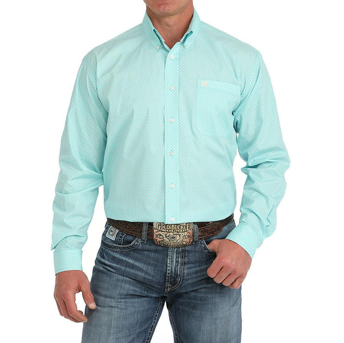 Men's Turquoise Print Long Sleeve Button Down Shirt
