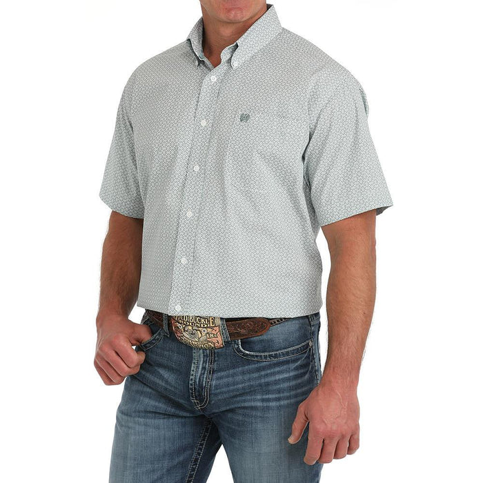Mens Green Print Classic Fit Short Sleeve Button Down Shirt