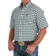 Mens Cream Plaid Short Sleeve Button Down Shirt