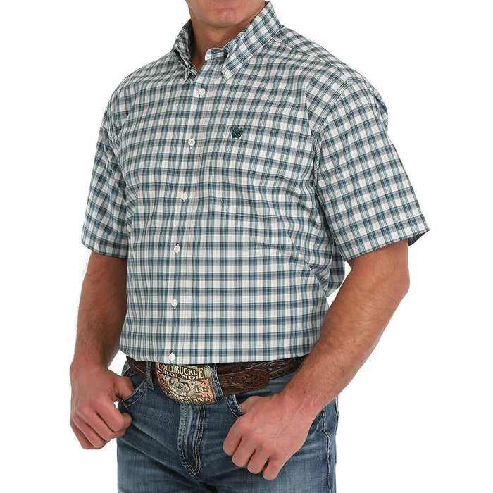 Mens Cream Plaid Short Sleeve Button Down Shirt