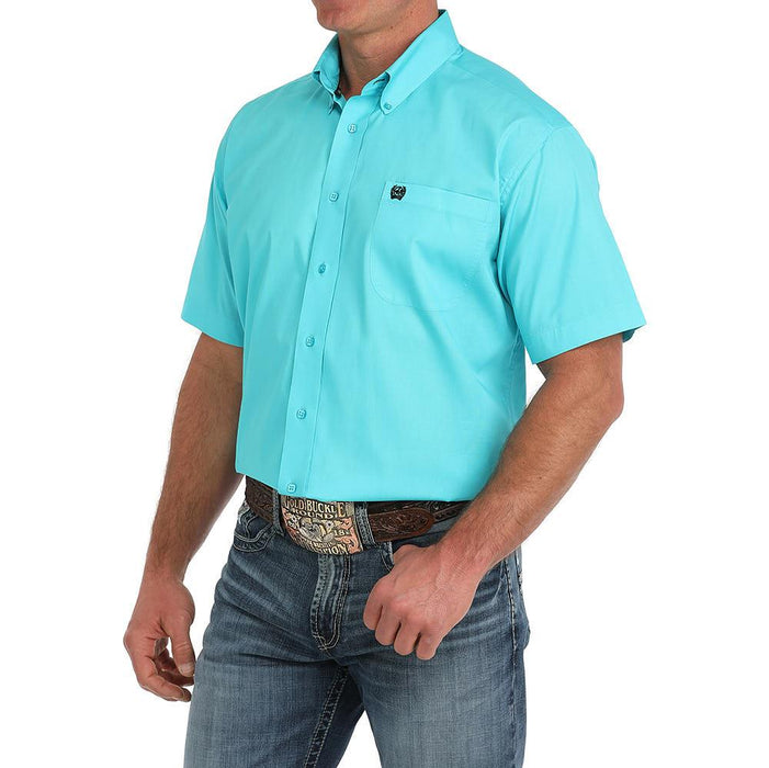 Mens Turquoise Print Short Sleeve Button Down Shirt