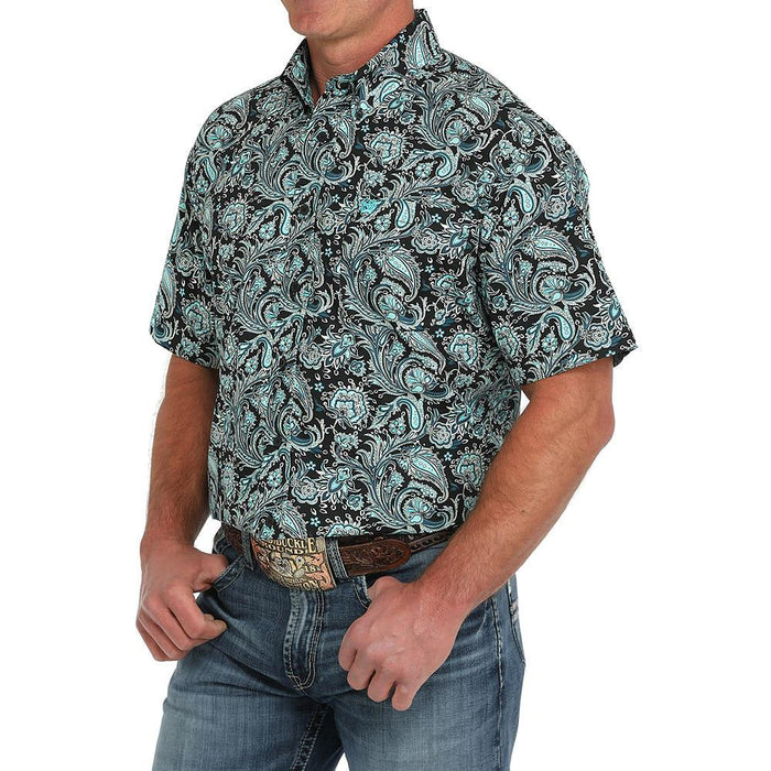 Men's Black Paisley Print Short Sleeve Button Down Shirt