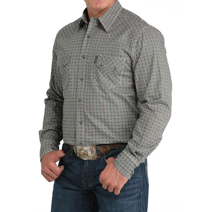 Mens White Stripe Modern Fit Long Sleeve Snap Shirt