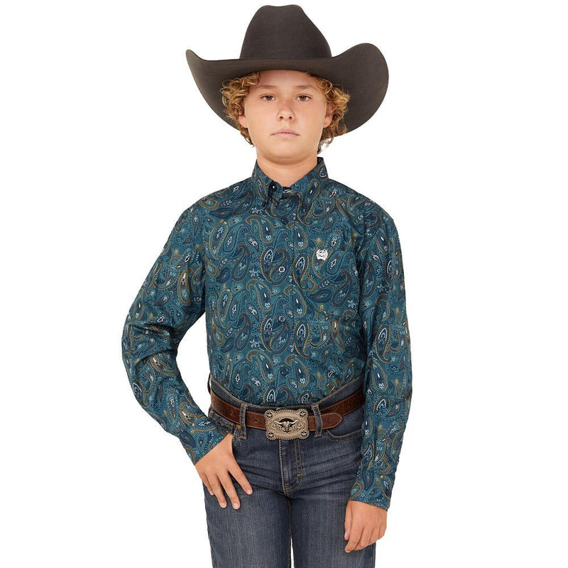 Boy's Blue Paisley Print Long Sleeve Button Down Shirt