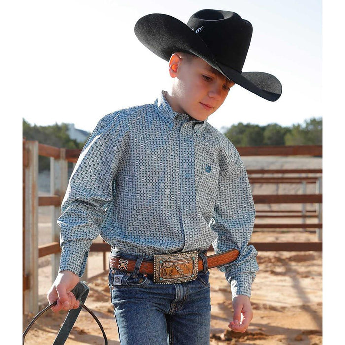 Boys Green Print Long Sleeve Button Down Shirt