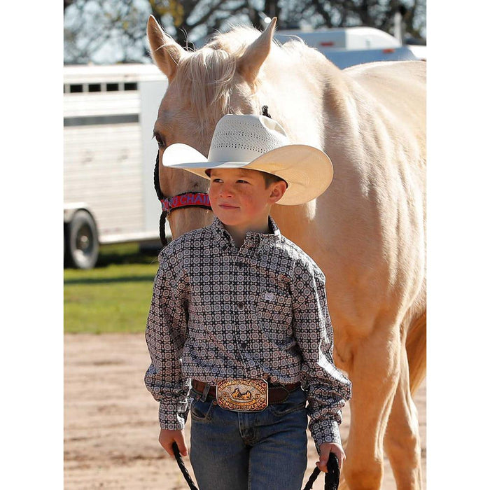 Boys Grey Geo Print Long Sleeve Button Down Shirt