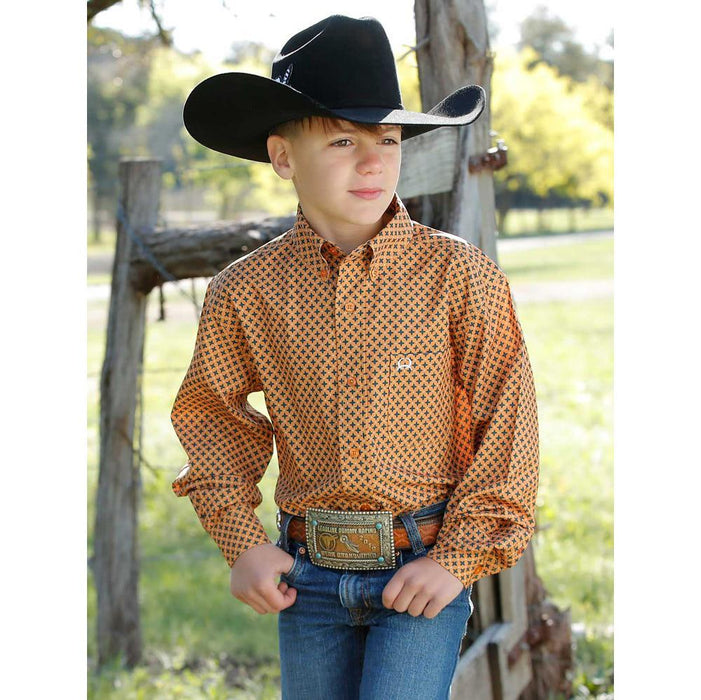 Boys Arena Flex Orange Print Long Sleeve Button Down Shirt