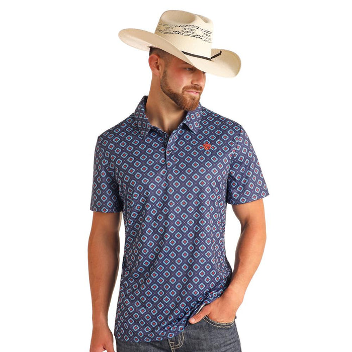 Mens Navy Geo Print Polo