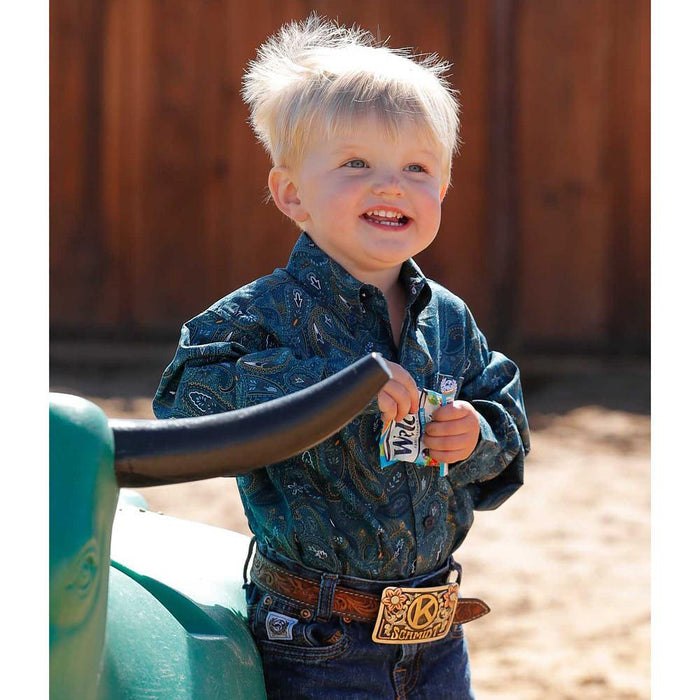 Infant Boys Blue Paisley Print Long Sleeve Button Shirt