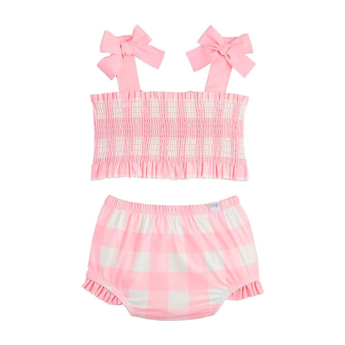 Girls Pink Smocked Check Swimsuit