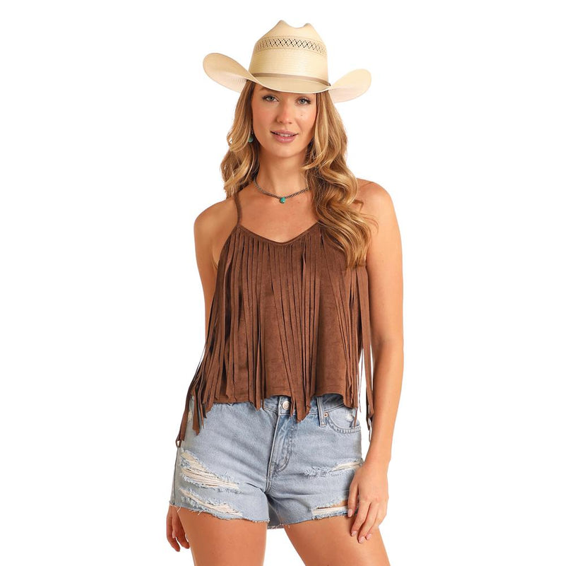 and Brown Microsuede Fringe Tank