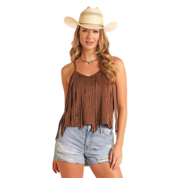 and Brown Microsuede Fringe Tank