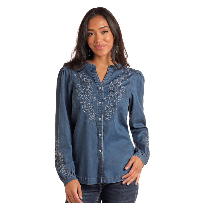 Embroidered Chambray Blouse