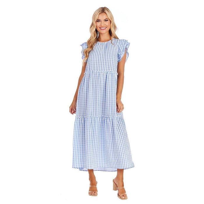 Women`s Blue Gingham Bardot Maxi Dress