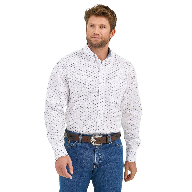 Mens George Strait White/Blue Print Long Sleeve Button Down Shirt