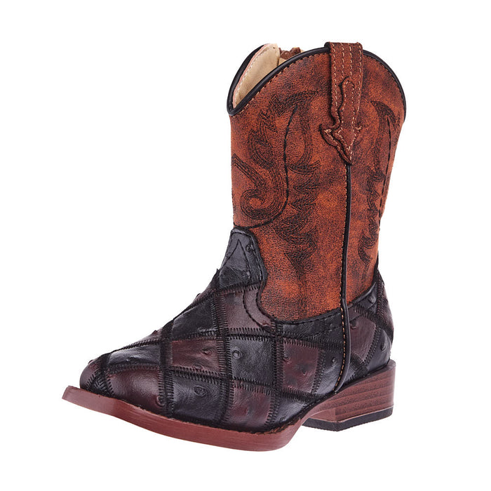 Toddler Bird Blocks Brown and Black Faux Ostrich Patchwork Cowboy Boot