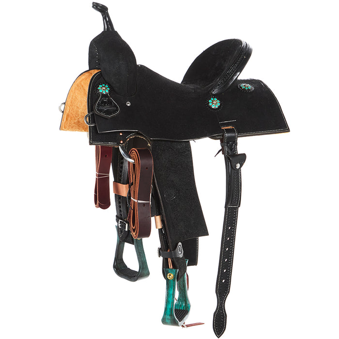 Black Roughout Barrel Saddle with Nettles Stirrups