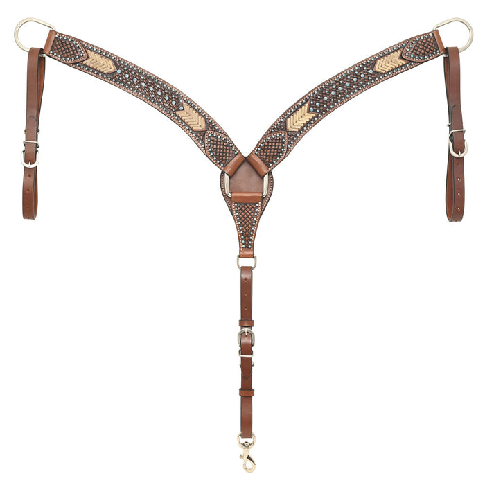 Turquoise Stone Basket Stamp Breast Collar with Rawhide