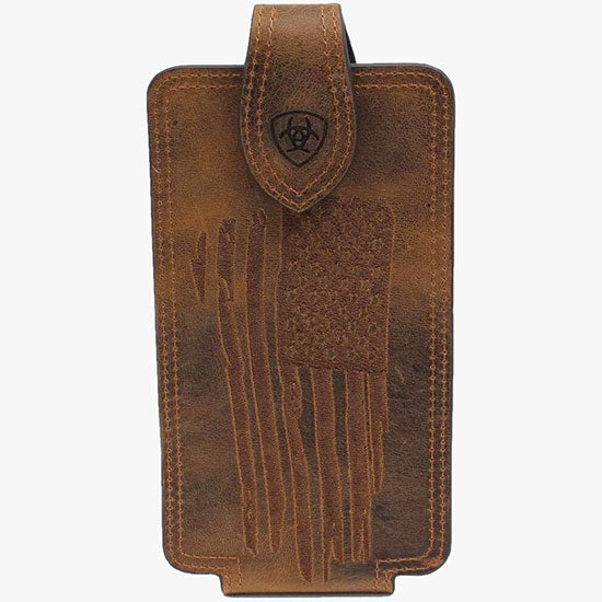 Ariat Brown Leather with Embossed Flag Large Clip-On Cell Phone Case