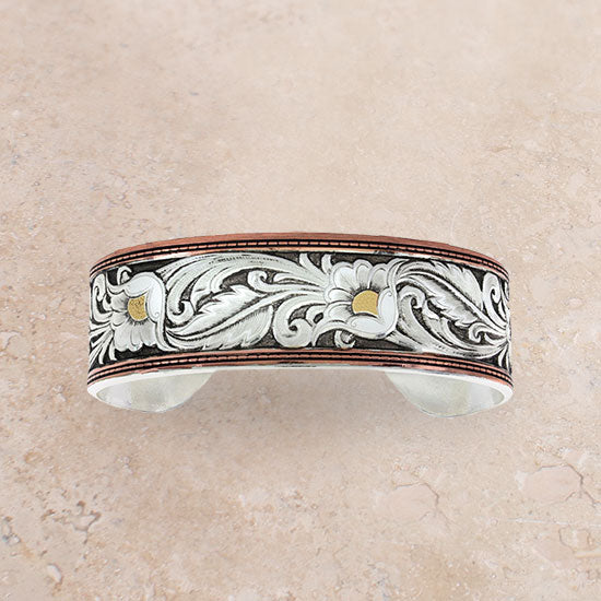 Tri-Colored Floral Leather Cut Cuff Bracelet
