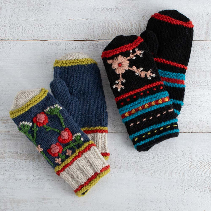 Knit Embroidered Colorful Wool Mittens