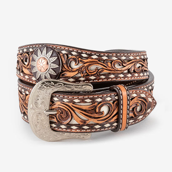 White Daisy Filigree Concho Buckstitch Belt