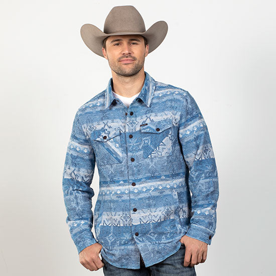Blue Brushed Cotton Aztec Shirt Jacket
