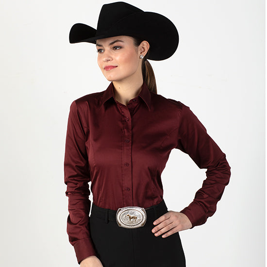 Faux Button Zip Stretch Sateen Burgundy Show Top