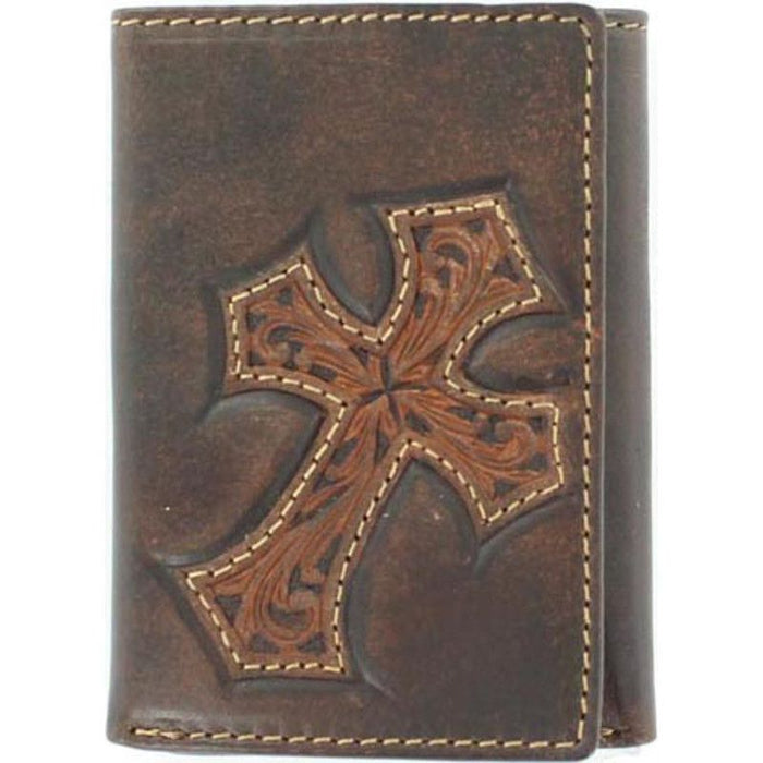 Nocona Diagonal Tooled Cross Overlay Leather Mens Trifold Wallet