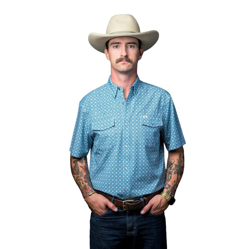 Mens Blue Print Vented Short Sleeve Pearl Snap Shirt