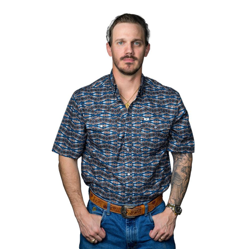 Mens Blue Print Vented Short Sleeve Shirt