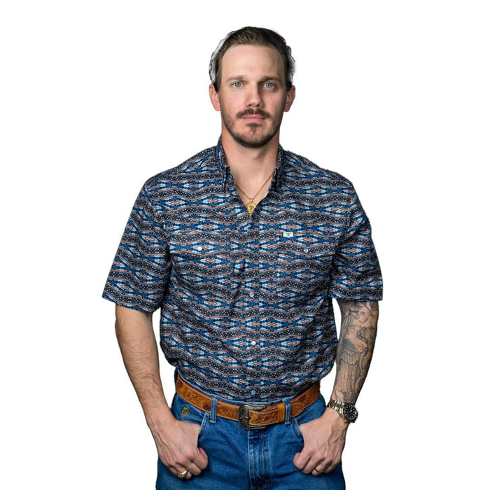 Mens Blue Print Vented Short Sleeve Shirt
