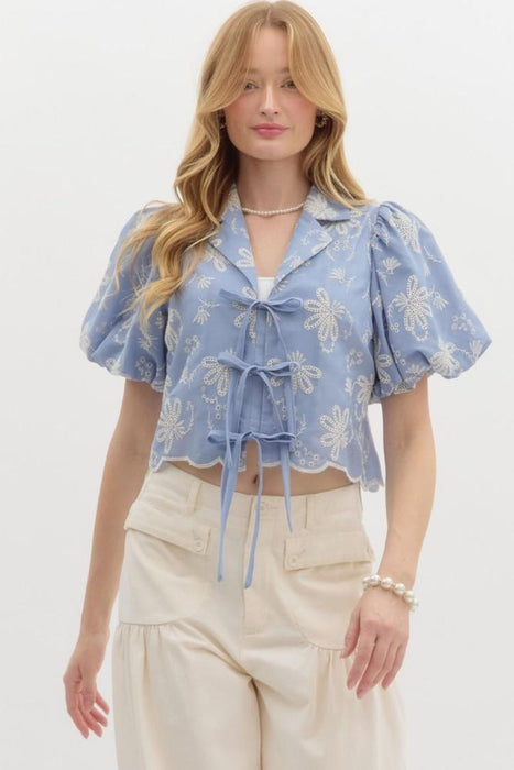 Womens Blue Floral Embroidered w/Tie Front Top
