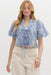 Womens Blue Floral Embroidered w/Tie Front Top