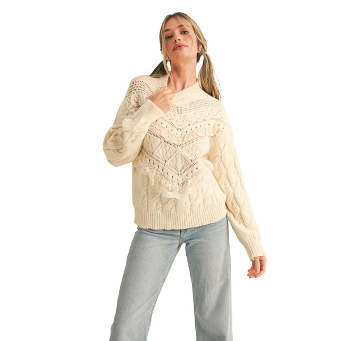 Wom Cream Lace Pointelle Sweater