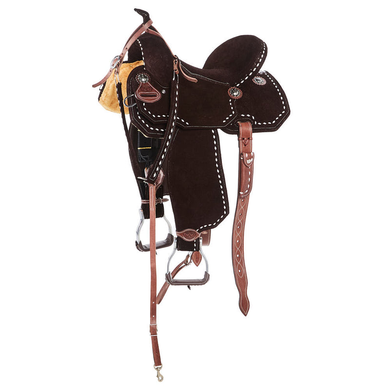 Chocolate Roughout with White Buckstitch 45 cut Skirts Barrel Saddle