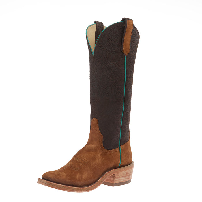Women's Ride Ready Hickory Smoked Bacon Vamp 15In Chocolate Floral Suede Top Boot