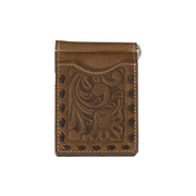 Men's Chocolate Tooled Floral Money Clip Wallet