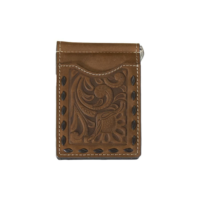 Men's Chocolate Tooled Floral Money Clip Wallet