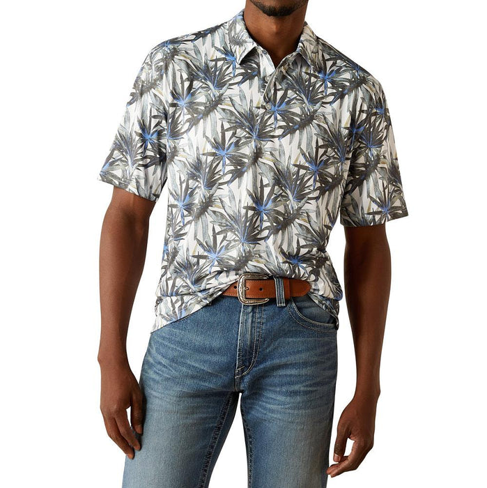 Mens White Tropical Print Polo
