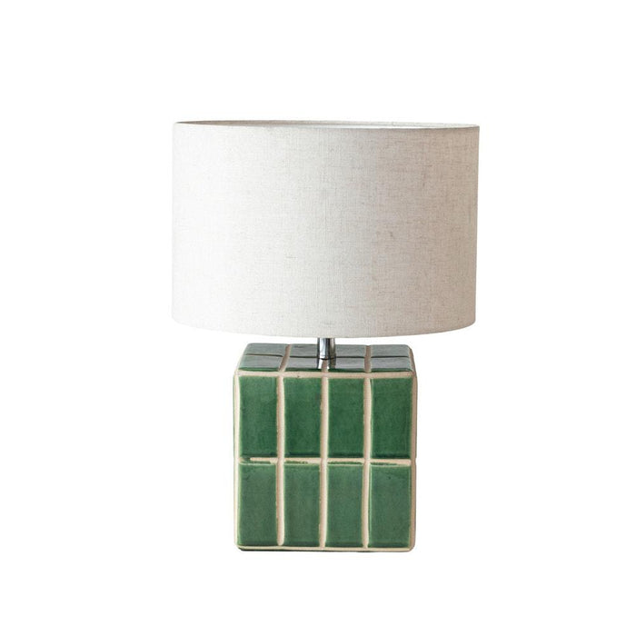 Green Ceramic Tiled Table Lamp with Linen Shade