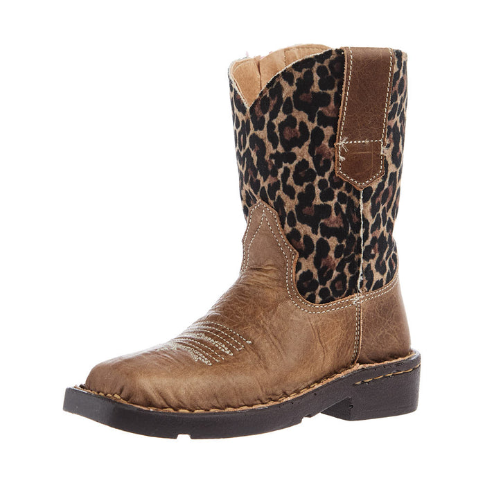 Toddlers Brown Leather Vamp with Cheetah Top Square Toe Boot