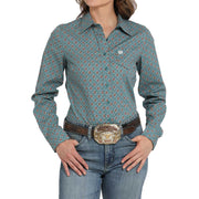 Women's Blue Printed Button Down