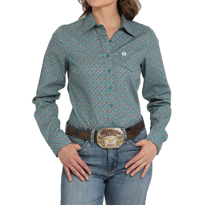 Women's Blue Printed Button Down