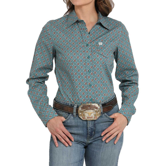 Women's Blue Printed Button Down