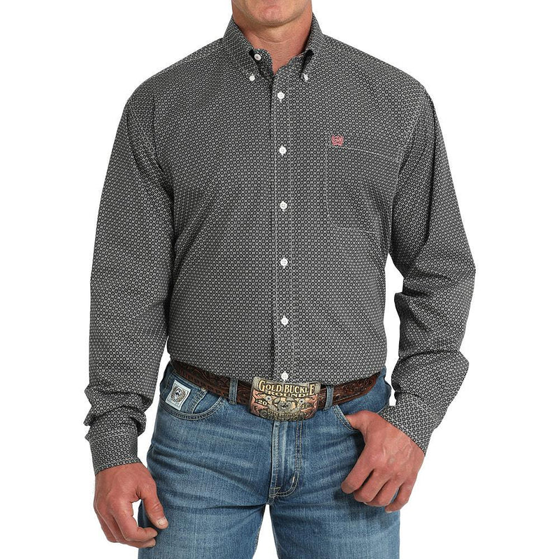 Men's Grey Print Long Sleeve Button Shirt