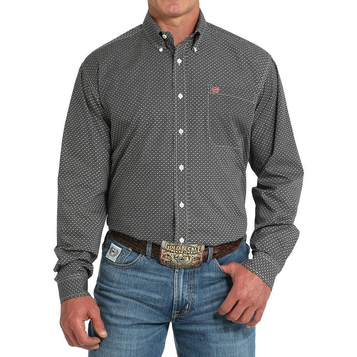 Men's Grey Print Long Sleeve Button Shirt