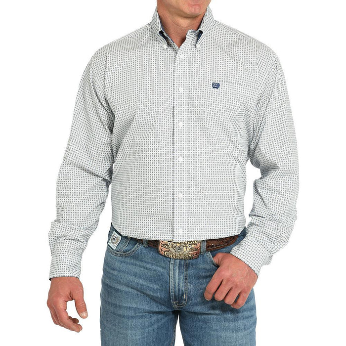 Men's White Print Long Sleeve Button Shirt