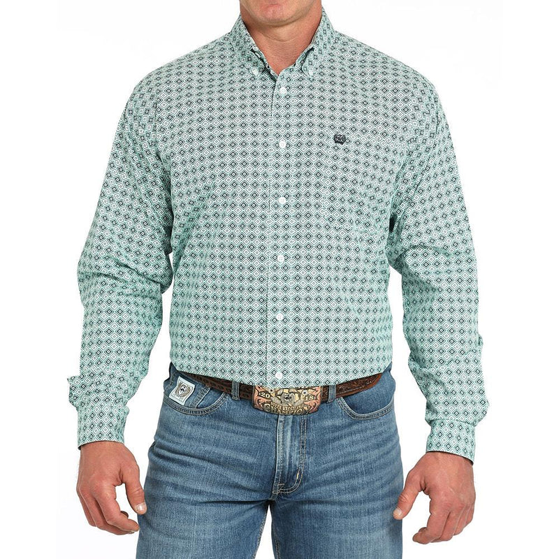Men's Turquoise Print Long Sleeve Button Shirt
